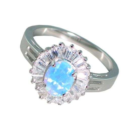 Platinum .925 Sterling Silver Opal Baguettes CZ Ring s7