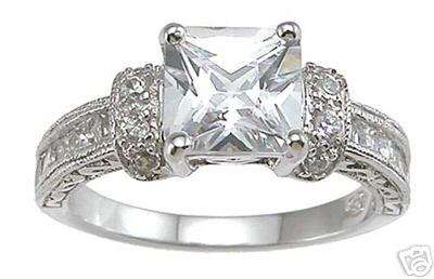 Sterling Silver Princess Cut Solitaire Engagement Ring  Size 8