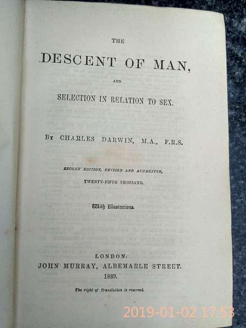 DARWIN, Charles - The Descent of Man and Selection in Relation to Sex - (1898 Hardcover)