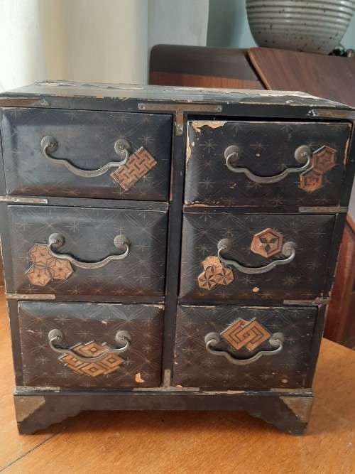 Antique Lacquered Tea Caddy/Miniature Chest of Drawers