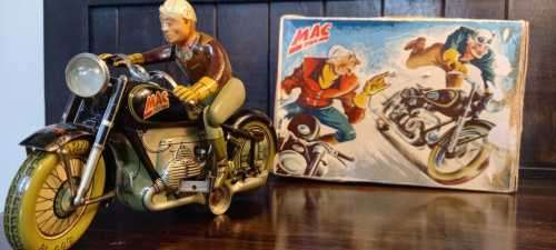 Post War US Zone Germany Arnold Mac 700 Tin, Wind Up Motorcycle Lithographic Toy. COURIER GUY R150