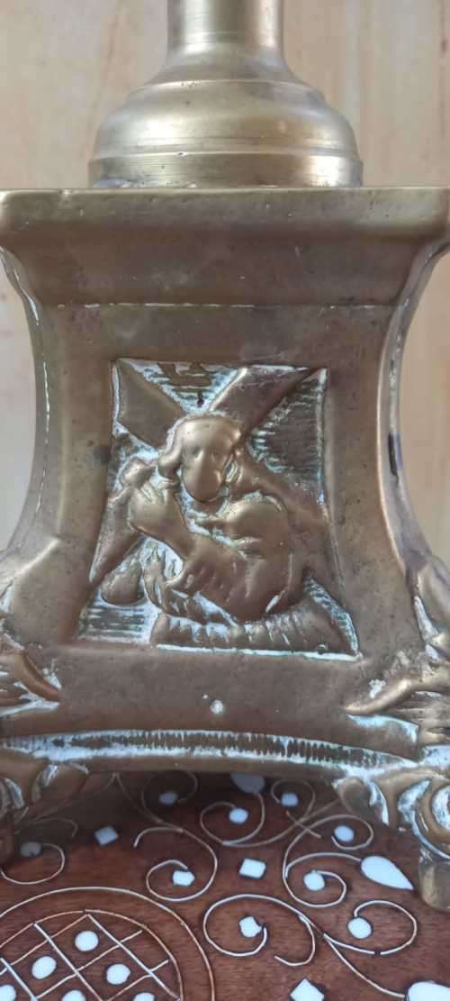 Large Copper Candle Holder with biblical scenes. Beautiful & scares. See photos
