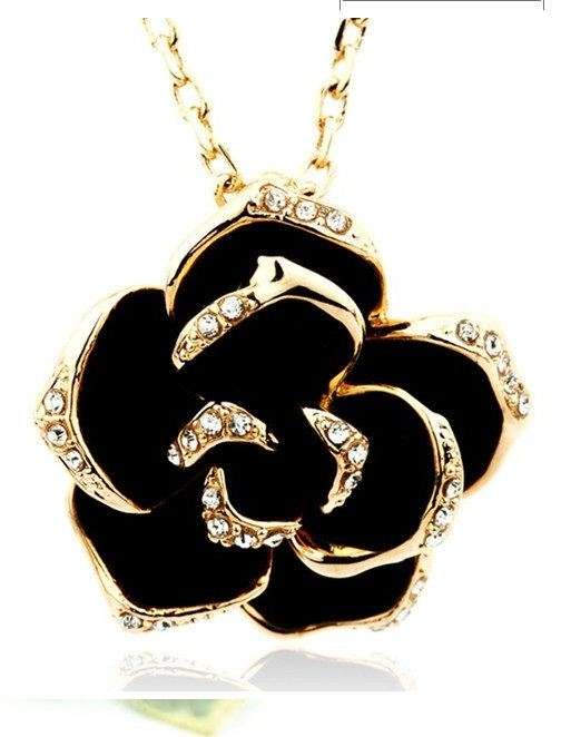Big Black Rose 18K Gold Plated Pendant Necklace & Earrings Jewelry Austrian Crystal