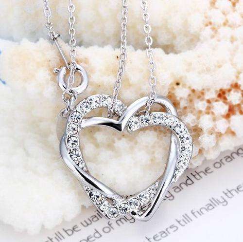 Two Hearts Jewelry 18K Platinum Necklace Rhinestone Pendant Austria Crystal