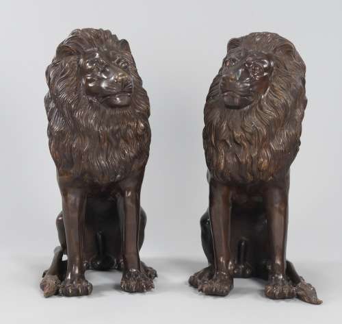 Magnificent Bronze Lion Pair for outside gate pillars or home entrance. Large