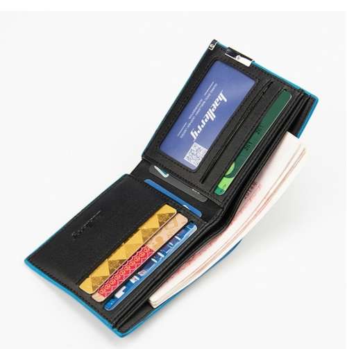 Mens Casual PU Leather Wallet for Daily Use - Black with Blue linning