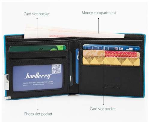 Mens Casual PU Leather Wallet for Daily Use - Black with Blue linning