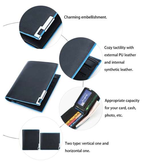 Mens Casual PU Leather Wallet for Daily Use - Black with Blue linning