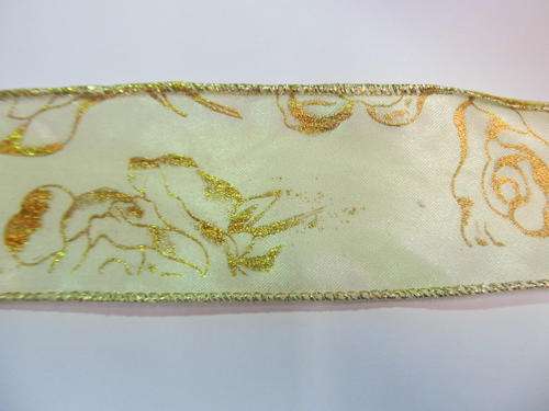 BEIGE WITH GOLD ROSE DESIGN TEXTURED RIBBON-1M