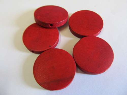 WOODEN BEADS RED FLAT ROUND - 25MM X 5MM - 4PC