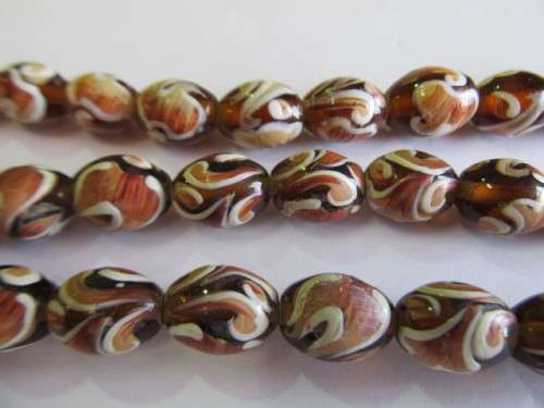 BROWN OVAL HANDPAINTED FANCY GLASS BEADS - 4PC