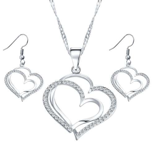 Luxury Romantic Classics Crystal Rhinestone Heart Necklace & Earring Set Silver Plated-FREE SHIPPING