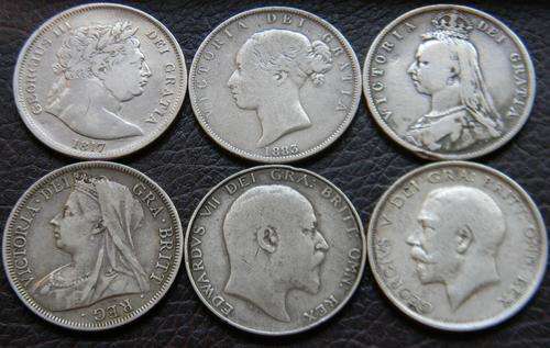<---- CLICK FOR BIG PIC ** 6 Great Britain Silver Half Crowns **BID PER COIN**