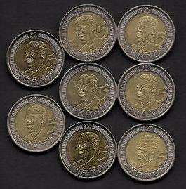 Mandela 90th Birthday R5 Coins 2008 Lot (3 F, 3 XF, 1 AU)