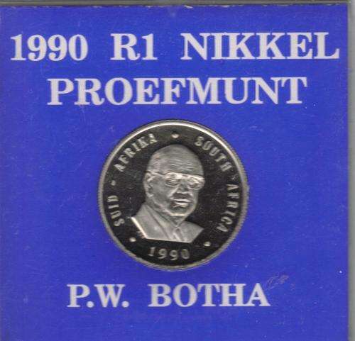 P.W. BOTHA SPRINGBOK 1990 R1 NICKEL PROOF COIN R1 NIKKEL PROEFMUNT - IN SA MINT PROTECTIVE CASING