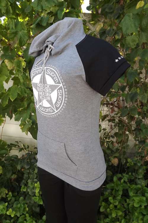 Grey and black short sleeve hoodie for size 30/6 Raglan sleeves  and Kangeroo pocket