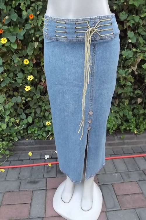 Stunning Maxi blue denim pencil skirt long slit at left front.Size 34/10 from Platinum Jeans