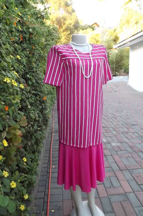 Cerise pink. 80'S dress by Truworths size 36/12.Flare skirt with pink striped overlay top