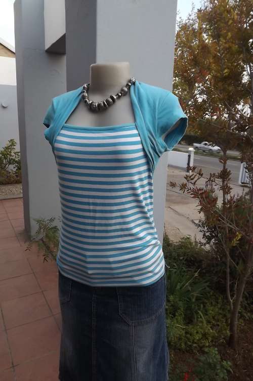 Blue and white horizontally striped stretch cotton top size 36/12 by OBR Jeanswear.