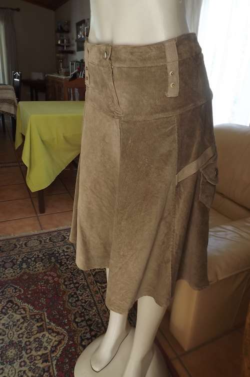 Preppy light brown corderoy calf length skirt.Size 38/14 by Fashion Express.Yoked middle