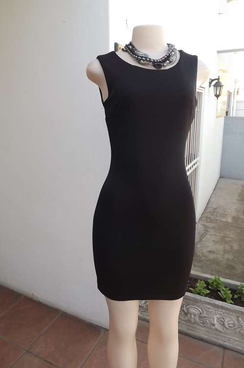 Sexy black "Mis  L" bodycone lycra dress in size 32/8.Stretch netting at top back.With long zip