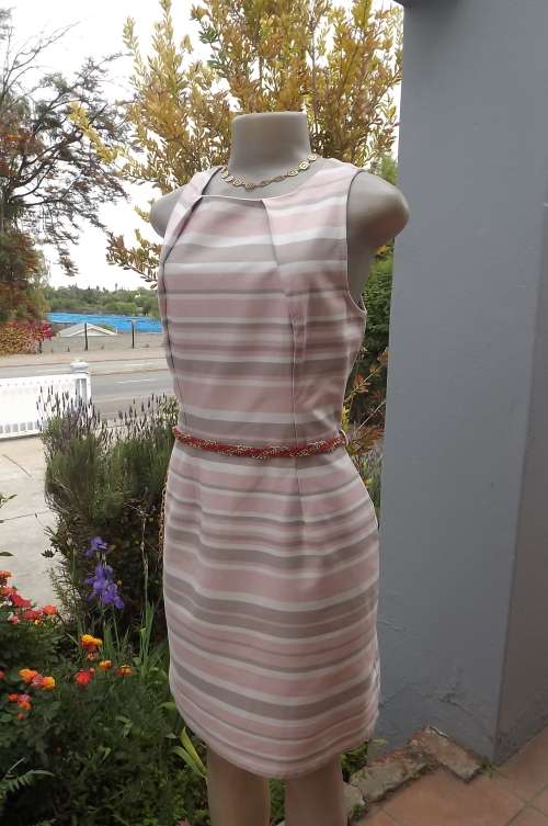 Smart pale,white and beige horizontally striped stretch cotton dress size 36/12 by OASIS.