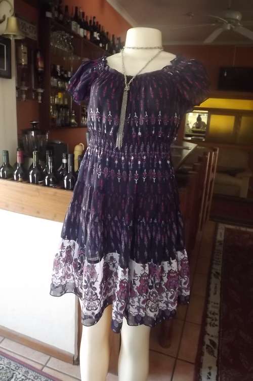 Sexy navy mini dress by INWEAR with pink/purple pattern and beautiful tiered skirt with border