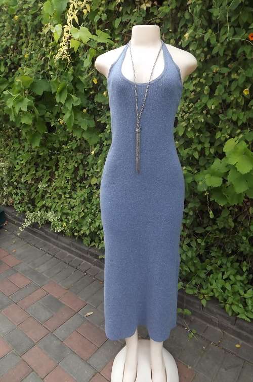 Steel blue knitted shift dress with halter neck in 10% silk,40% cotton and 50% acrylic by PORTFOLIO