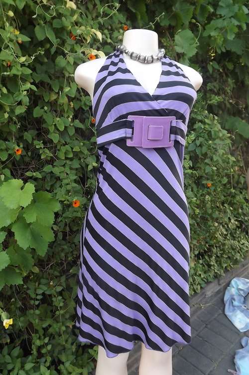 Black and voilet diagonally striped halter neck dress.For casual wear. BY SAKURA.Size 34/10