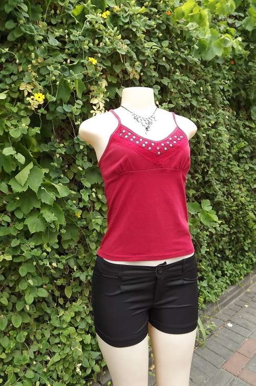 Chic dark red stretch cotton strappy top with sequins and lace decoration on front.Size 32/8. As new
