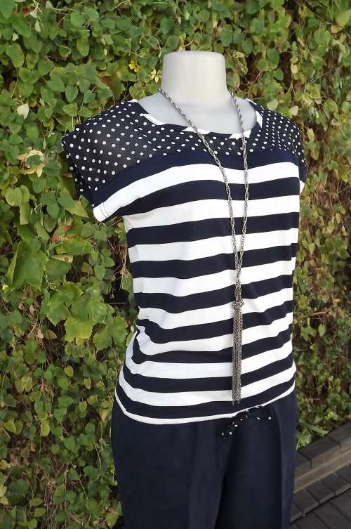 Smart casual navy and white horizontally striped top by OBR size 32/8.Navy and white polka top