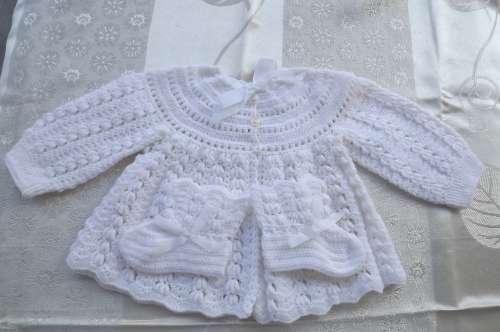 Finely detailed white acrylic wool hand crochet matinee baby jacket with booties.Beautifully done.