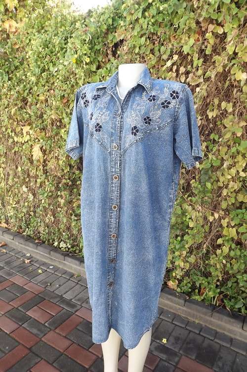 Fashionable blue denim dress in wedge style.Size 40/16 by OPVJV.Embellished front and collar