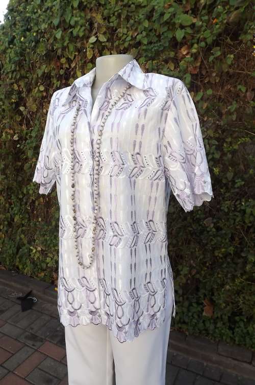 Stunning white cotton blouse with purple and white embroidery by KES in size 38/14
