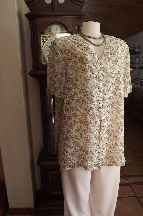 Cream v neck top with small peach flowers and green leafs.Short sleeves.Size 42/18 by TRUWORTHS