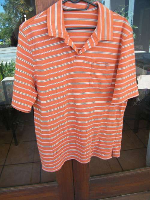 Brick and beige horizontally striped golf shirt in size large by WOOLWORTHS.In pure cotton