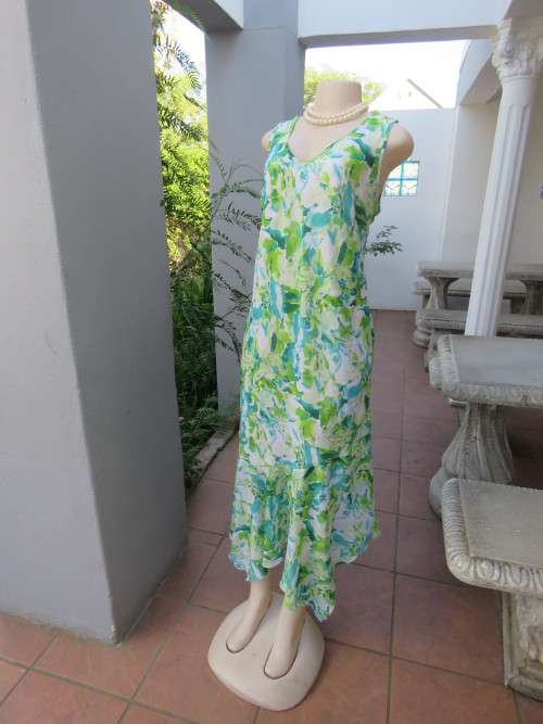 Ankle length lined sheer polyester dress in medley of greens & white.Size 44/20 by Anna Pia. As new
