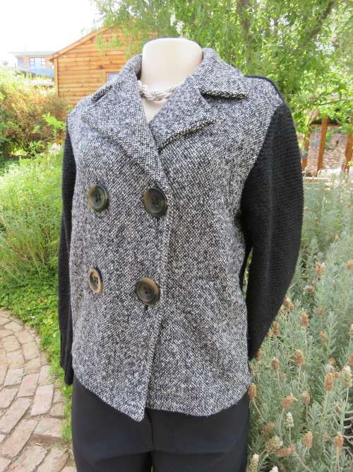 Sassy black double breast jacket by SAVIDA.Size 36/12.Tweed front and collar.Bought in Ireland