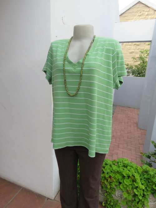 Horizontally striped Apple green and white V neck.Stretch cotton top.Size 44/20 by GEORGE + MARTHA