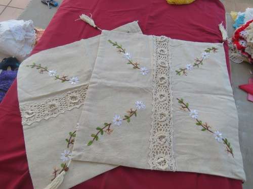 Set of 2 stunning square pillowcases in natural colours,ribbon embroidery and crochet work.As new.
