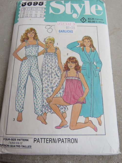 'STYLE' pattern 3695 in sizes 7-12 for girls dressing gown,nightdress,pajamas and sleepsuit.