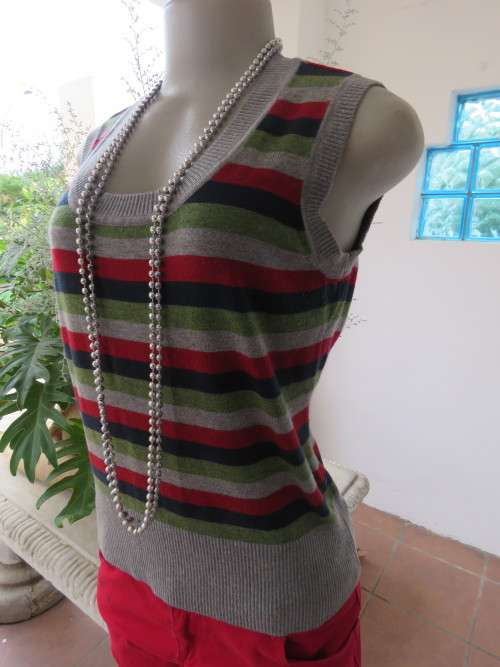 Knitted light grey sleeveless top with red/navy/olive green stripes.By 'WOOLWORTHS' in 36/12.As new.