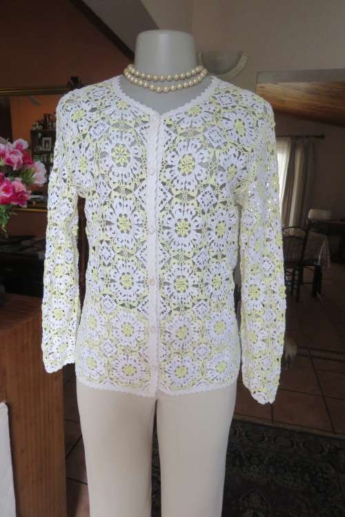 Amazing crochet long sleeve cardigan done in 100% cotton yarn, in size 36/12.