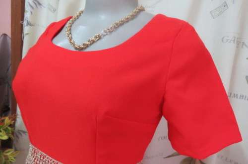 Attractive red maxi owner made empire style dress with short sleeves size 32/8. Very good cond.