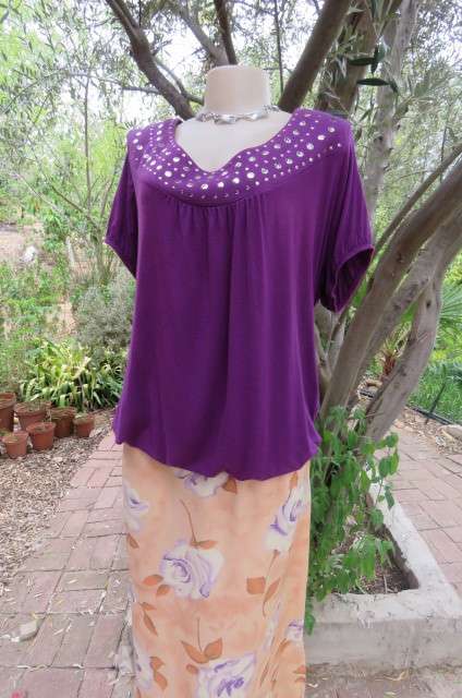 Dark purple slip-over top with scooped neckline with silver stud decoration size 42/18