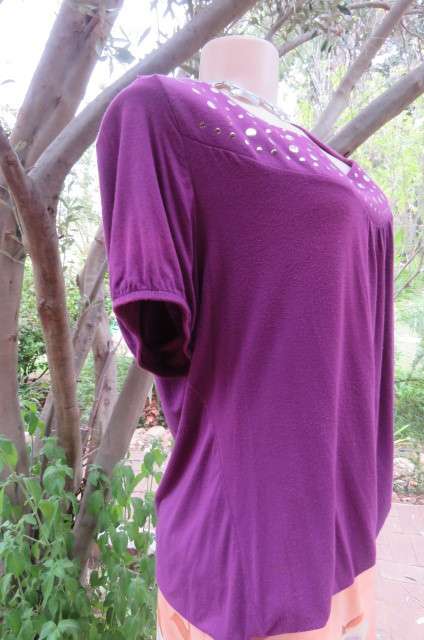 Dark purple slip-over top with scooped neckline with silver stud decoration size 42/18