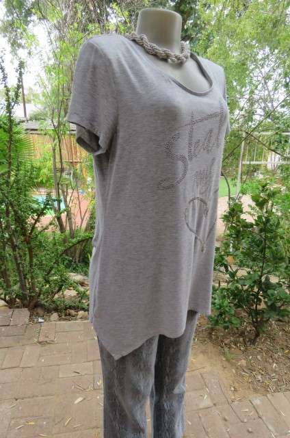 Pretty long slivergrey short sleeve T-shirt with scooped neckline size 36 to 38 by `Woolworths`.
