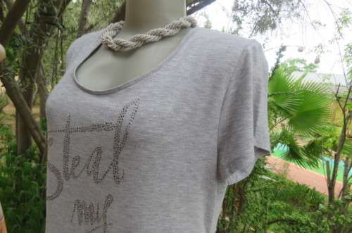 Pretty long slivergrey short sleeve T-shirt with scooped neckline size 36 to 38 by `Woolworths`.