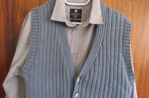 Steel blue men's hand knitted waistcoat with V neckline and button down front size XL.