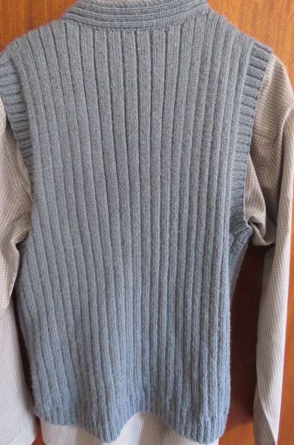 Steel blue men's hand knitted waistcoat with V neckline and button down front size XL.